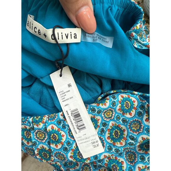 Alice + Olivia Cheyla printed Crepe Mini Dress turquoise ($330) small washed Geo - Picture 6 of 8